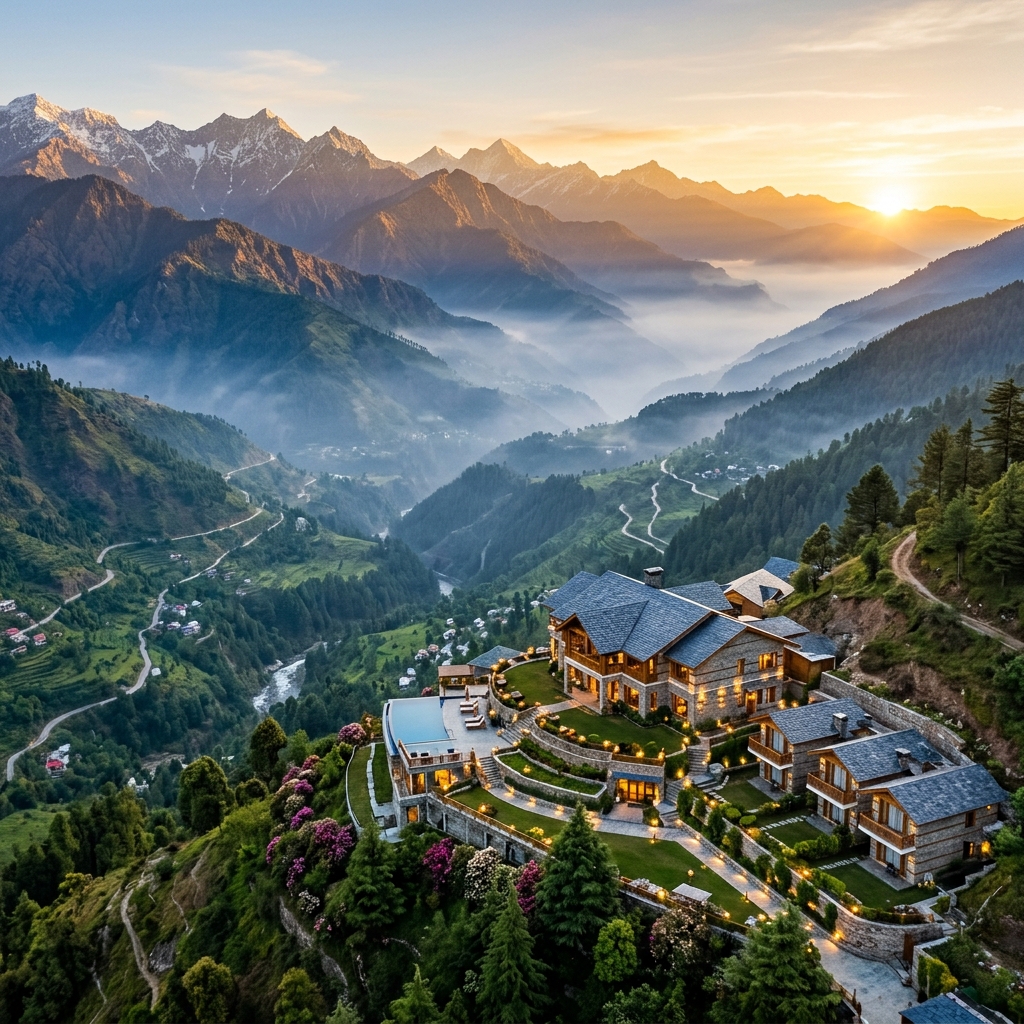 Luxury mountain hotel in Himachal Pradesh India at sunrise